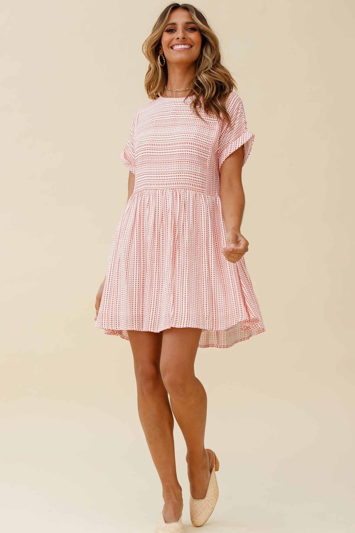 Susie Rolled Sleeve Crew Neck Swing Dress Stripe Pattern Red