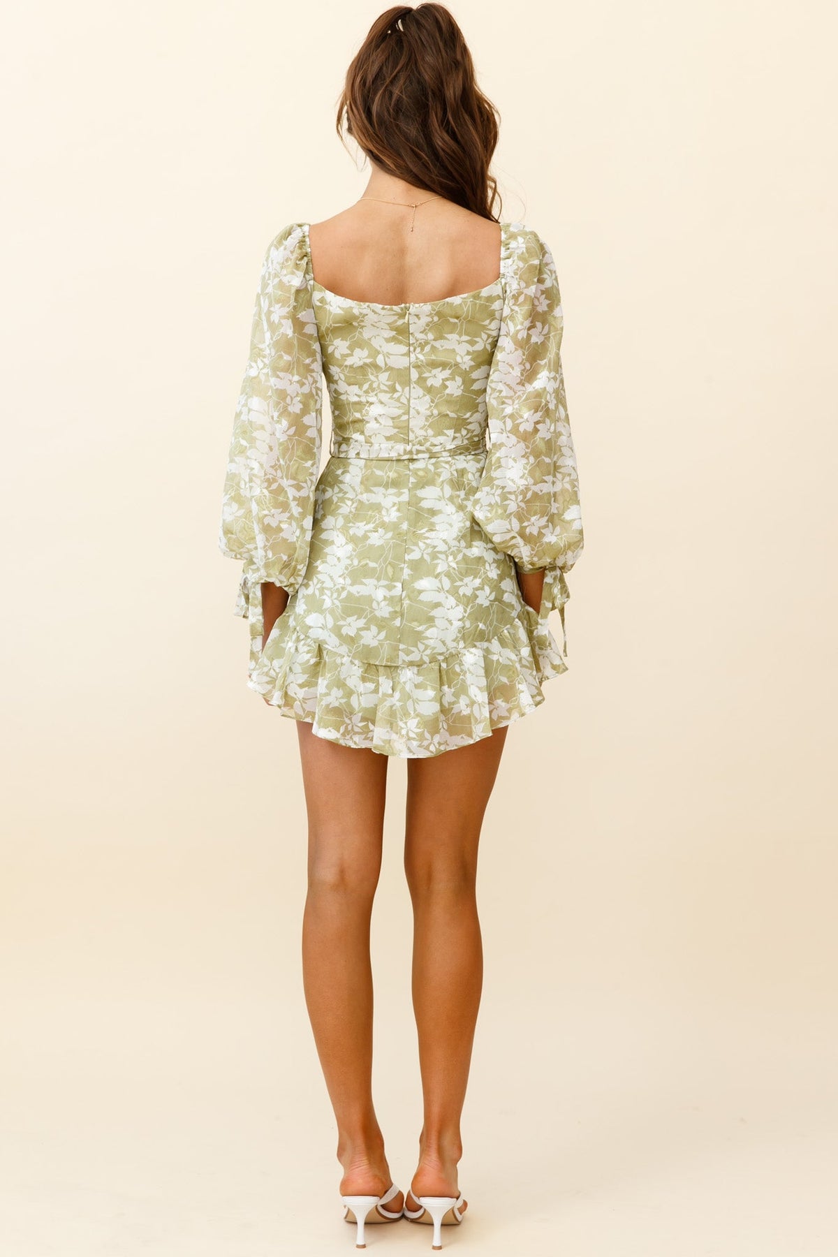 Make Memories Balloon Sleeve Molded Bust Dress Leaf Print Olive