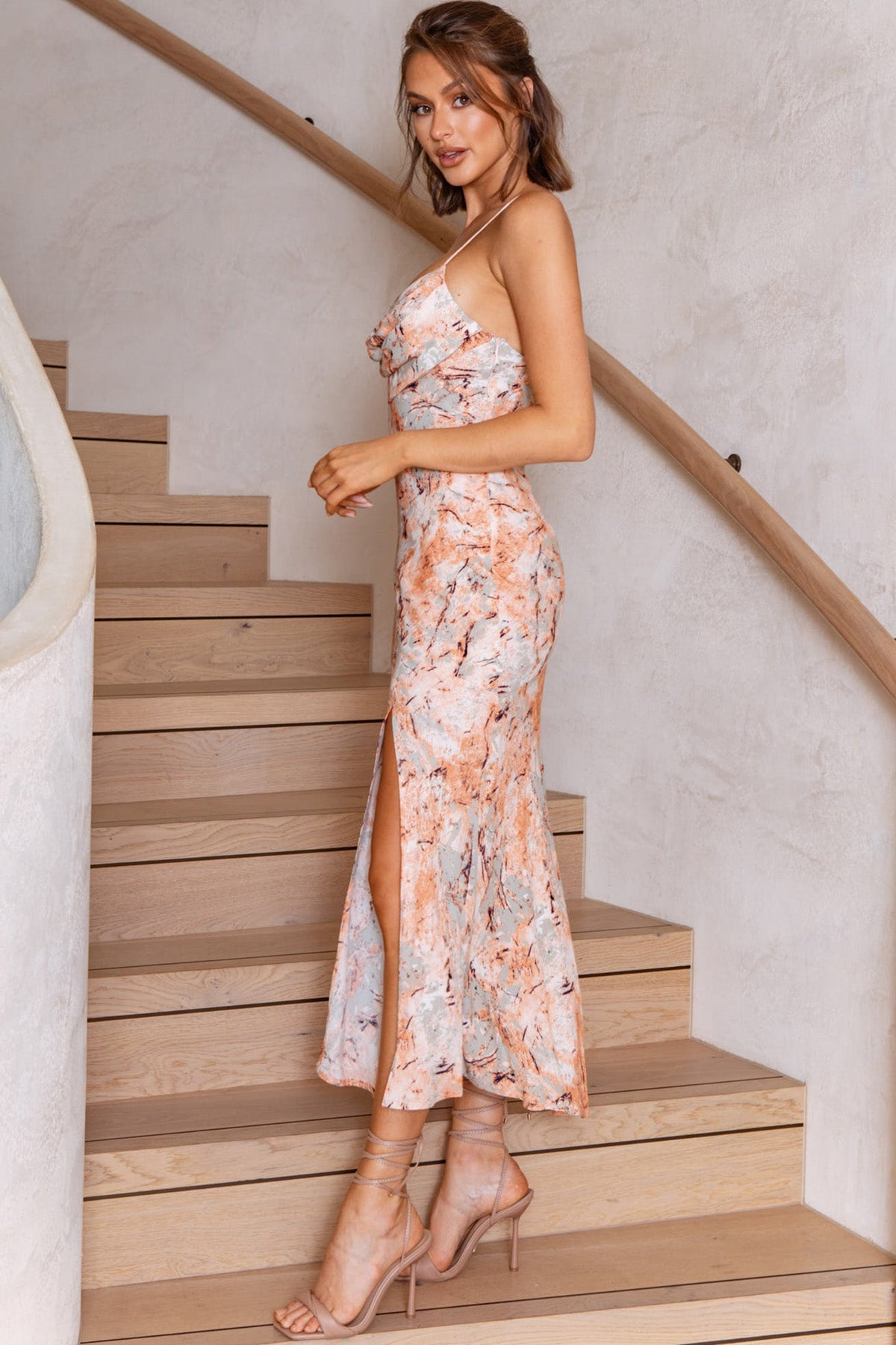 Well Versed Pleated Bust Front Split Dress Marble Print Orange