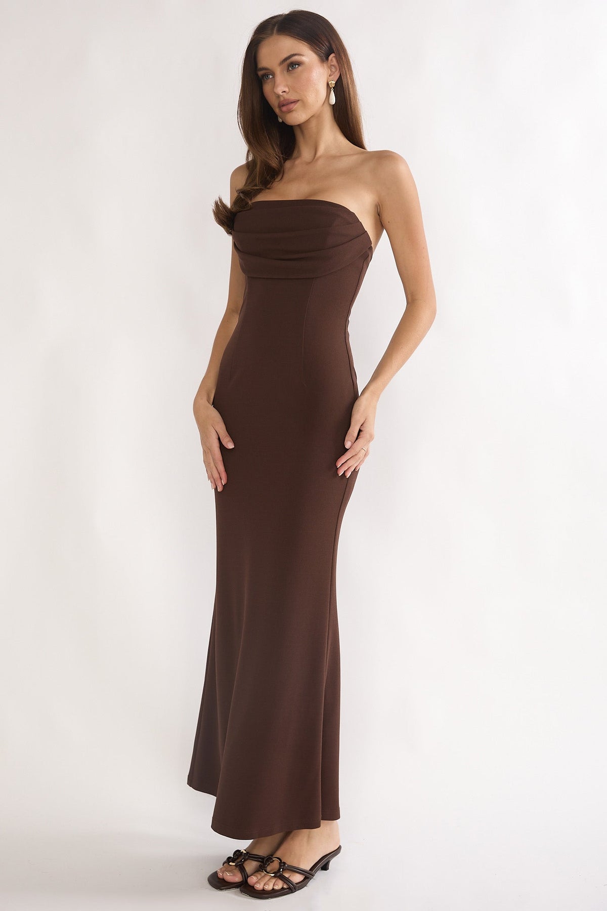 Well Versed Strapless Pleat Bust Maxi Dress Chocolate