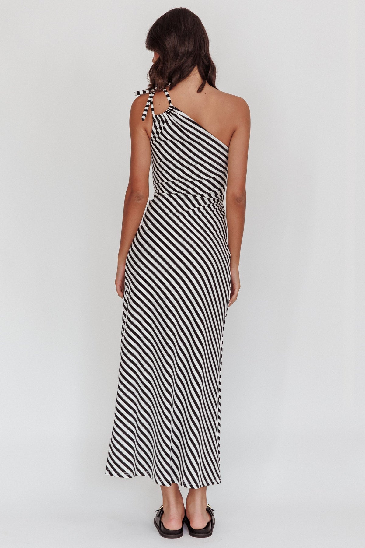 Ocean Road Tied One-Shoulder Maxi Dress Stripe Black