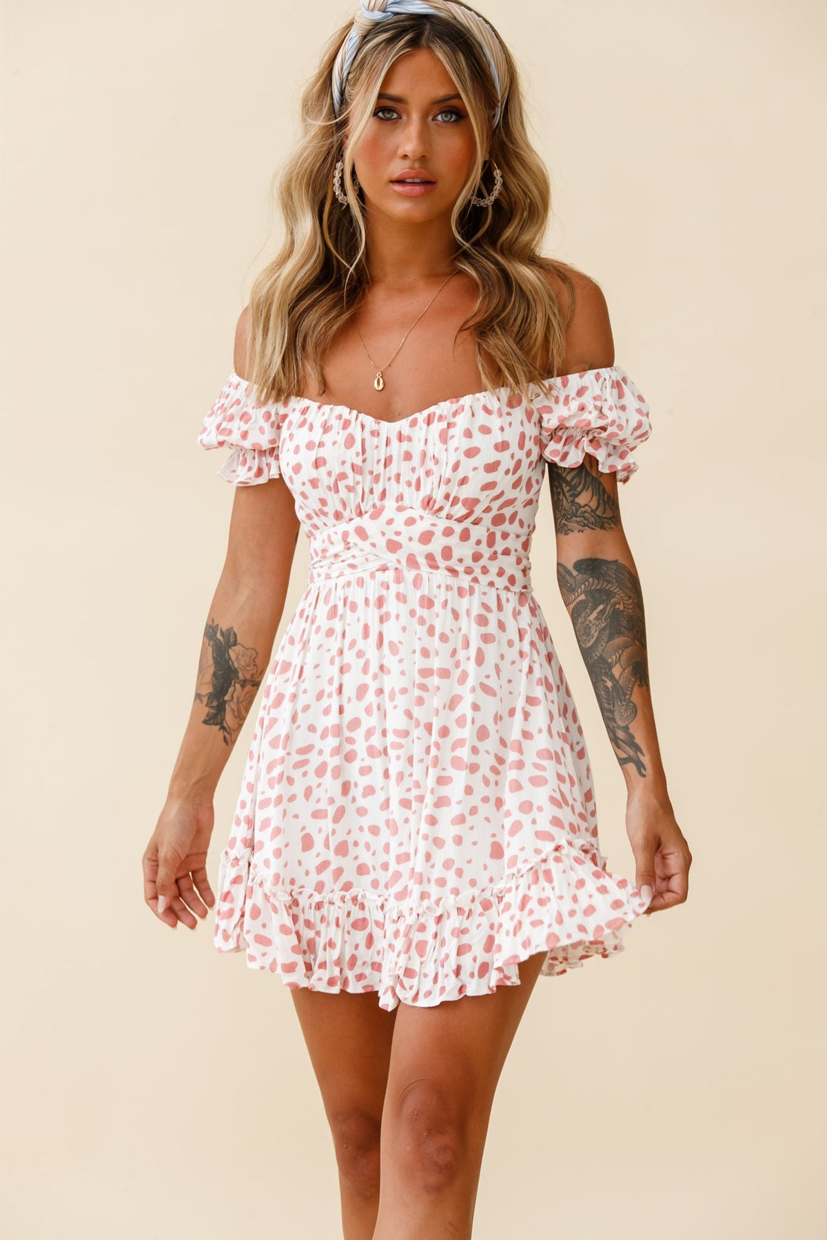 Linka Off-Shoulder Tie Back Dress Spot Print Pink/White