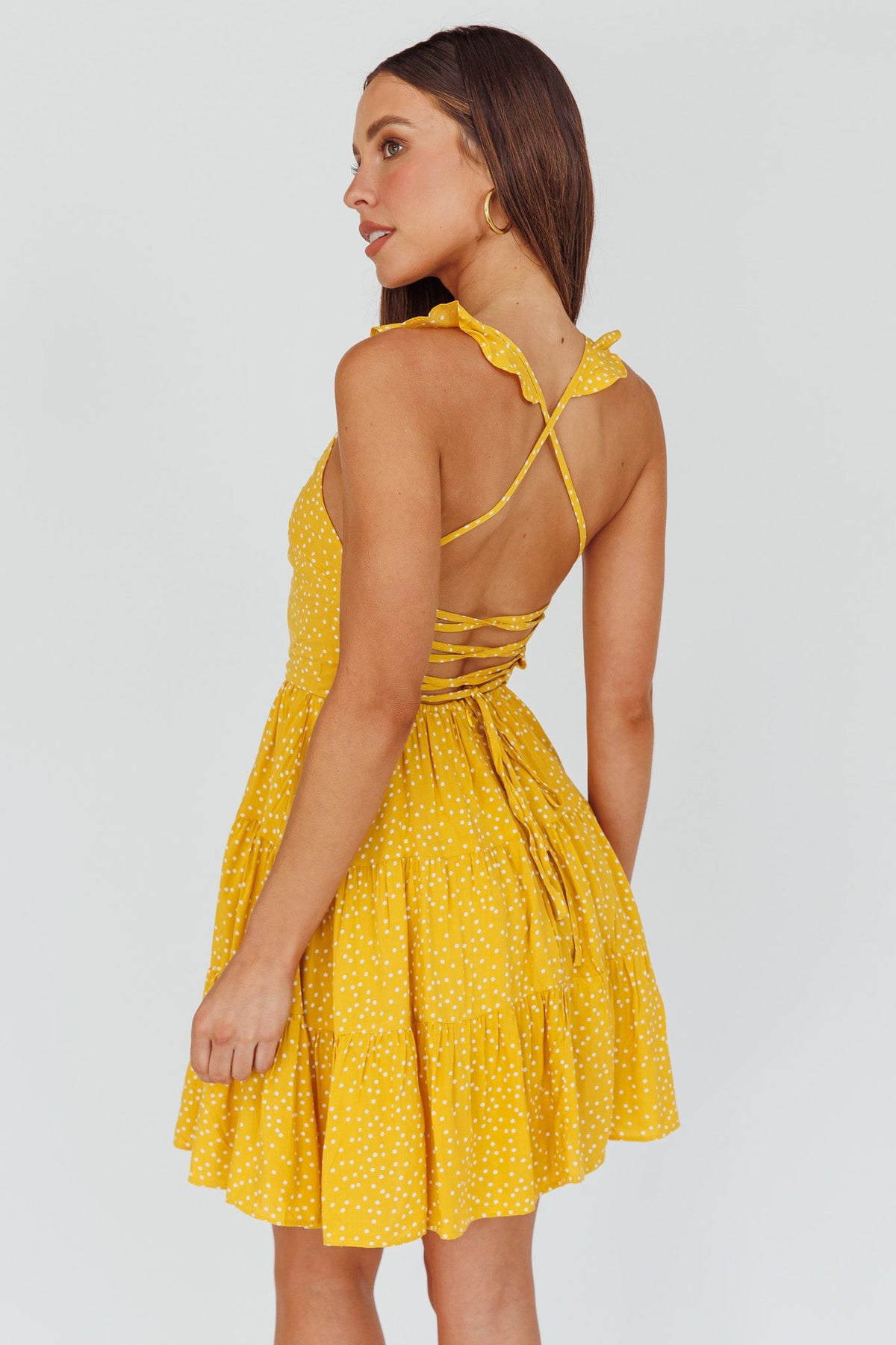 Allegra Fluted Hem Lace-Up Back Dress Yellow