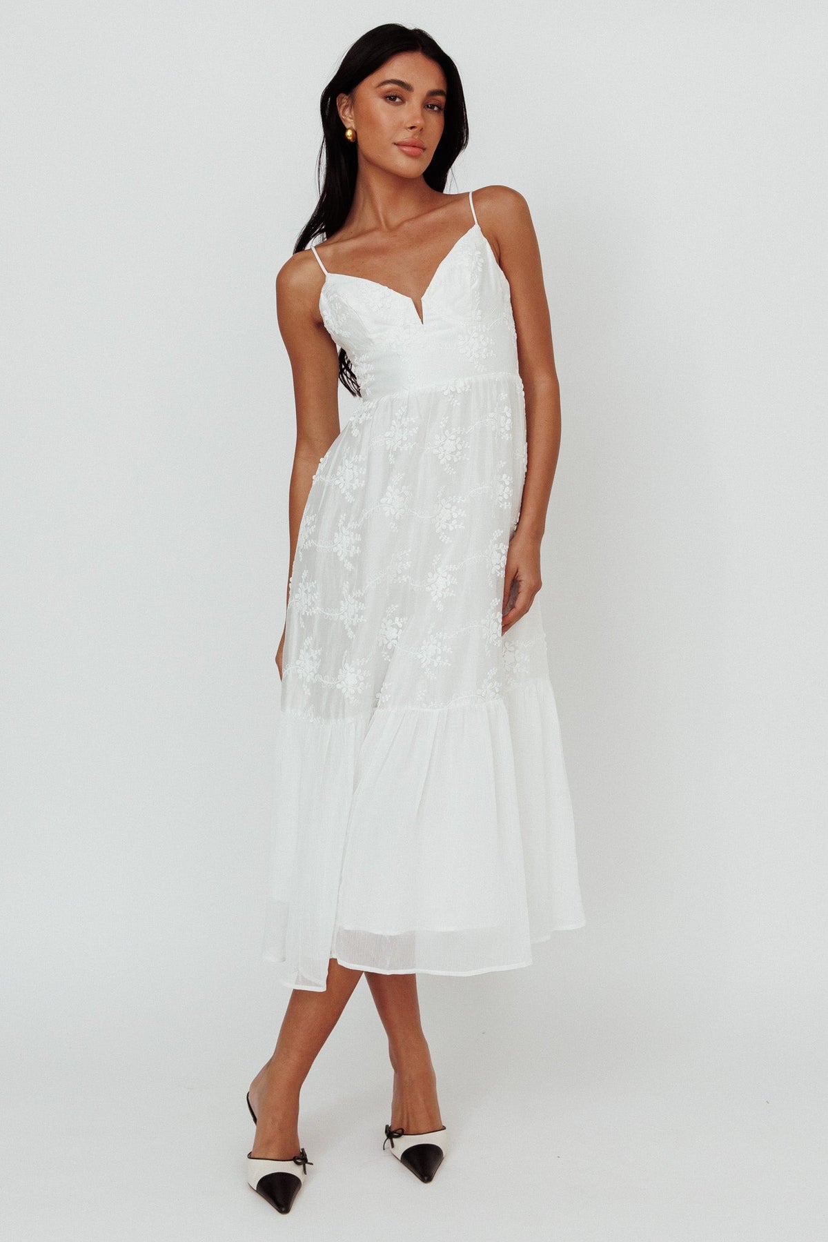 Lake Como Floral Embroidered Midi Dress White