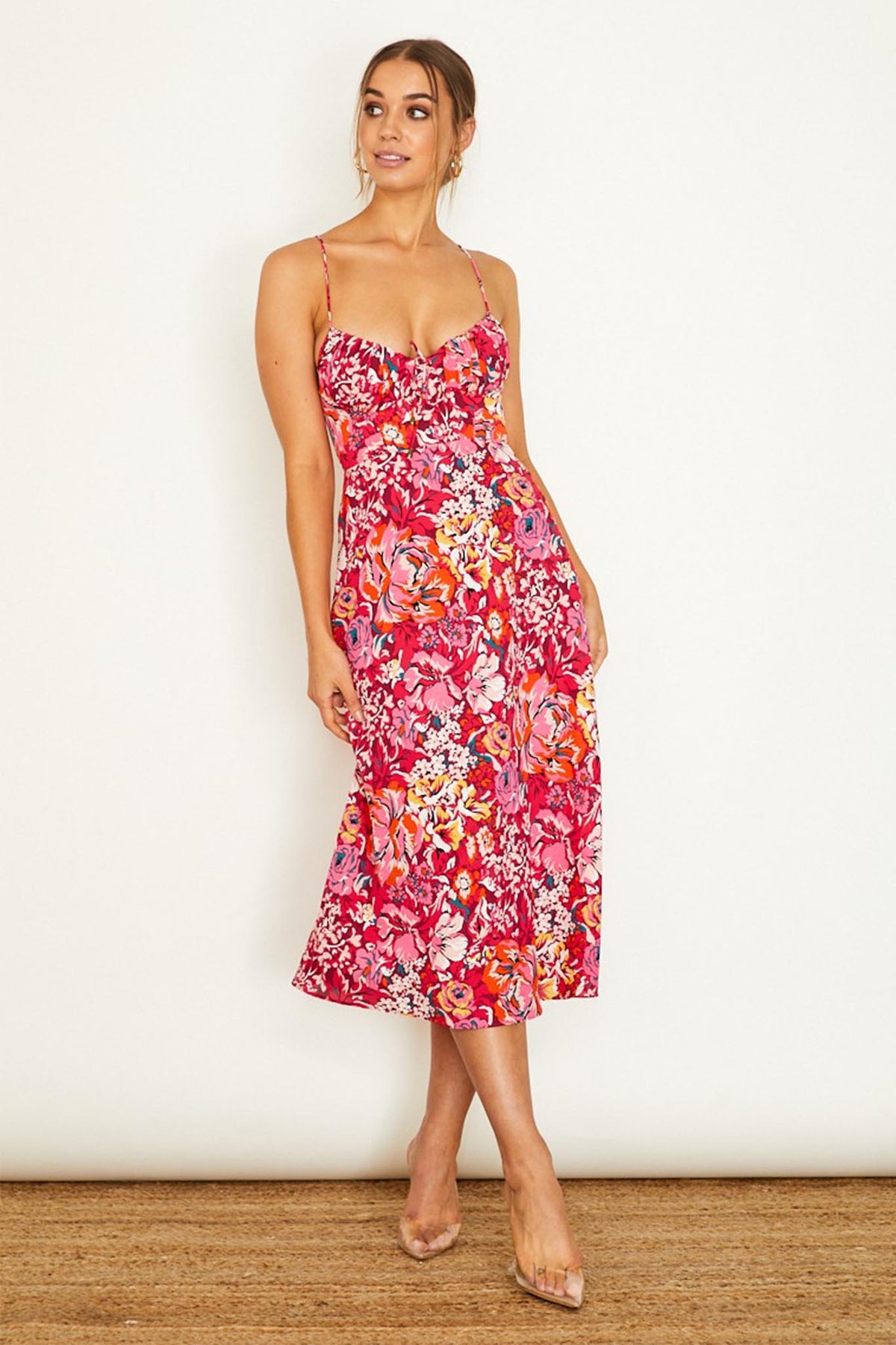 Malibu Gathered Bust Cami Strap Midi Dress Floral Red