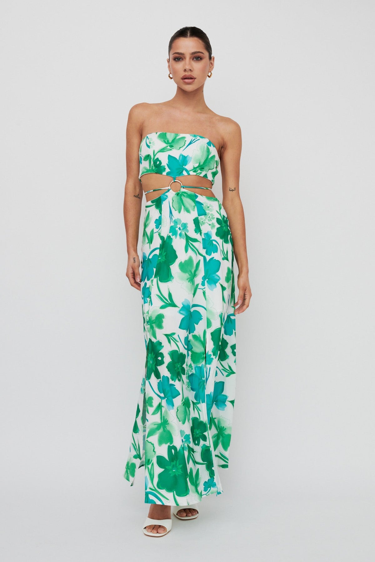 Tuscan Summers Strapless Cut-Out Midi Dress Green