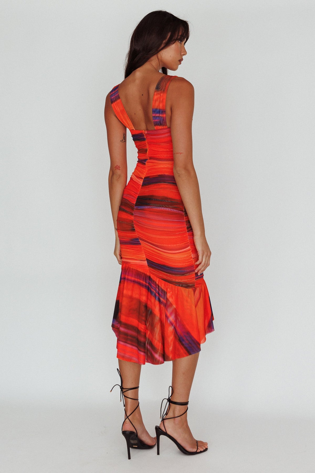 Nadia Ruched Fishtail Midi Dress Print Orange