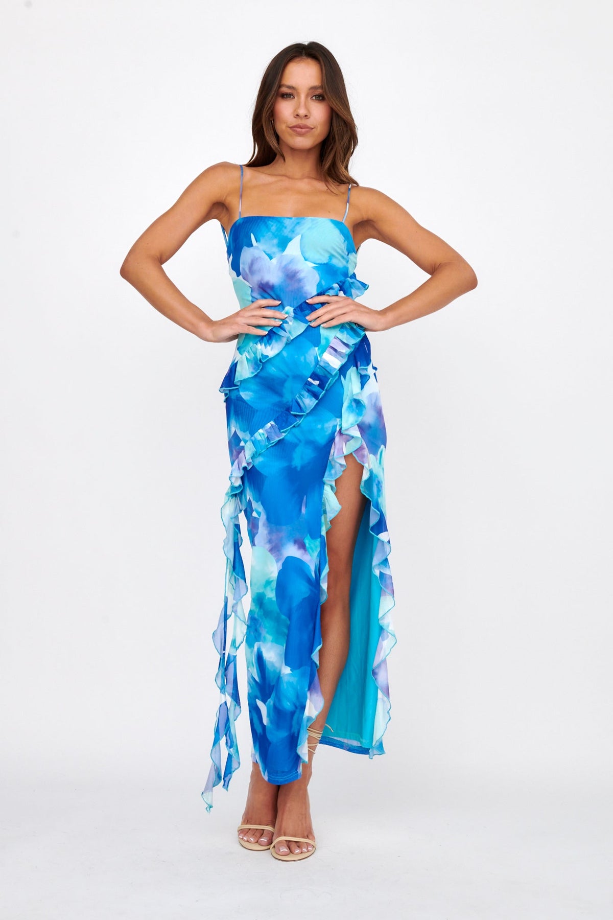 Crush On You Split Ruffle Midi Dress Blue