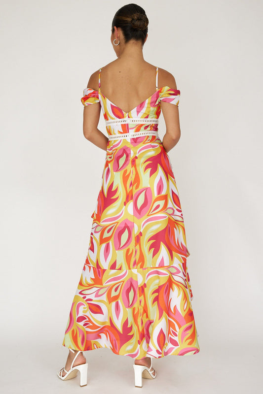 Seina Off-Shoulder Crochet Trim Dress Print Orange