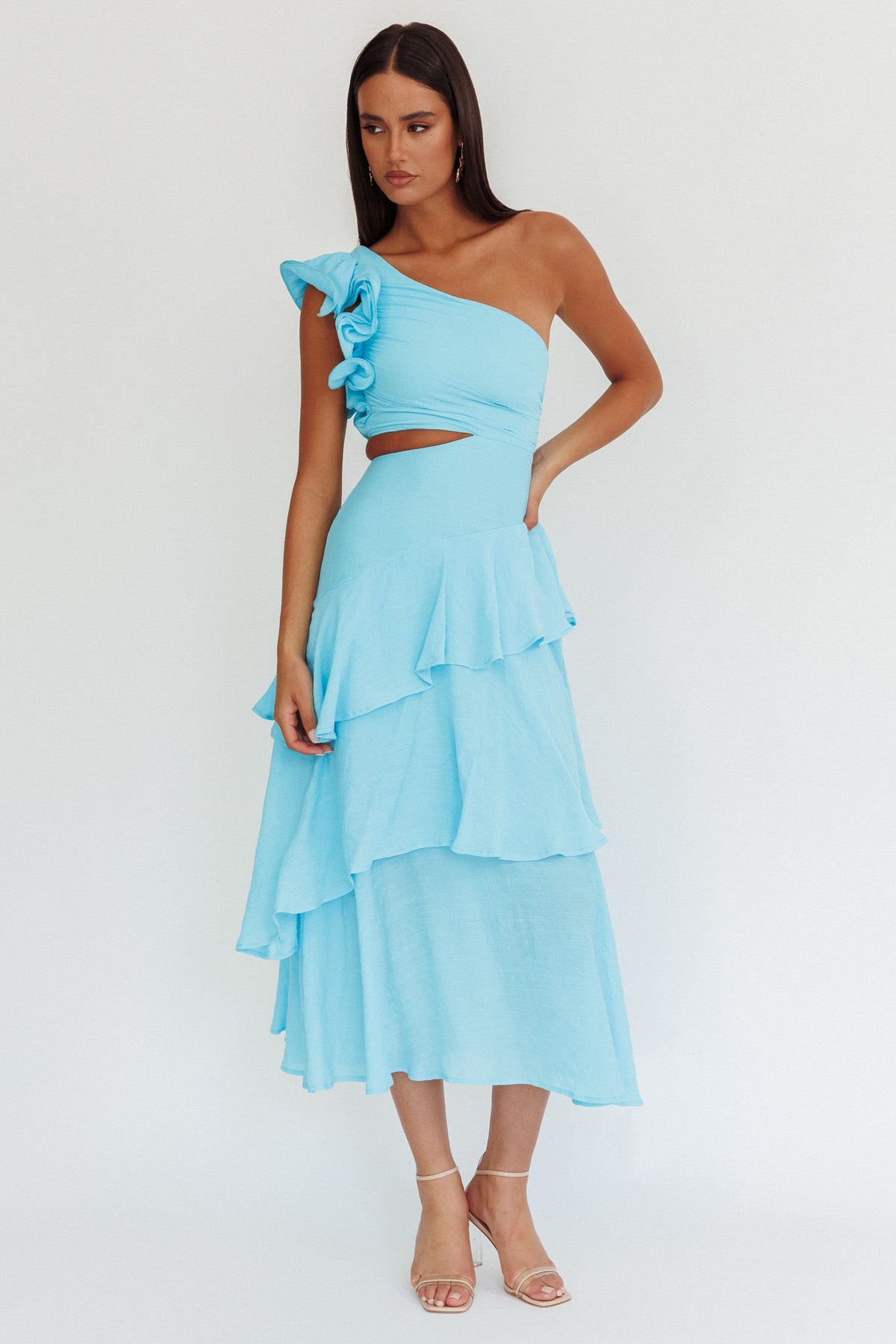 Deanna One-Shoulder Tiered Maxi Dress Blue