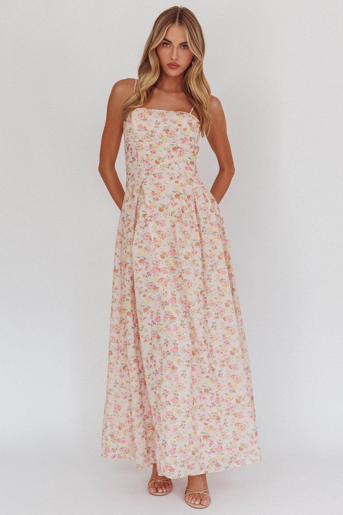 Daisy Day Basque Waist Maxi Dress Floral Pink