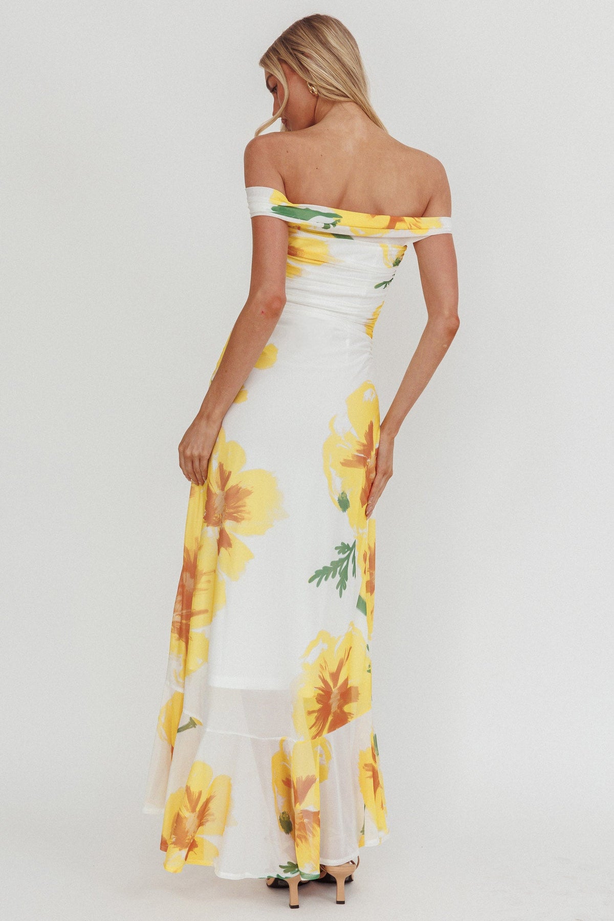 Moonlit Magic Off-Shoulder Split Maxi Dress Flower Yellow