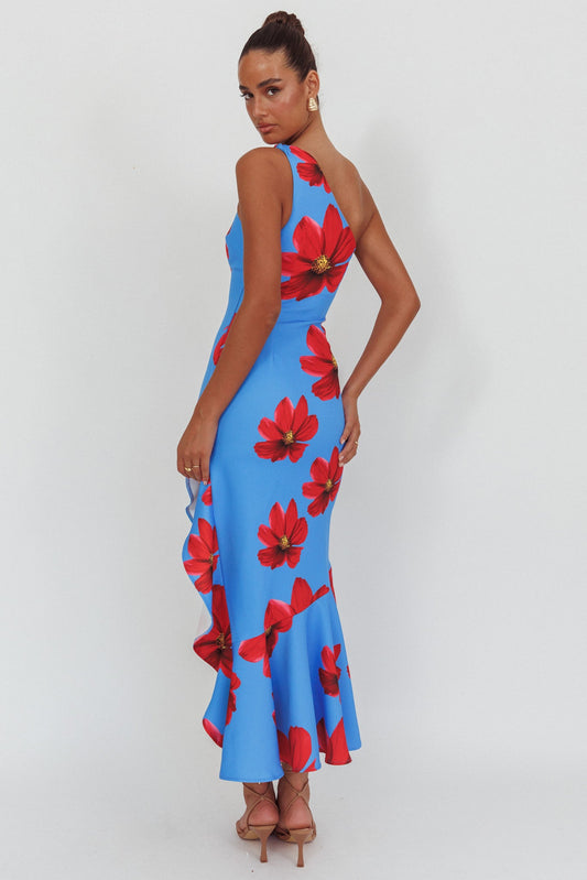 Lights On One-Shoulder Ruffle Hem Maxi Dress Floral Blue