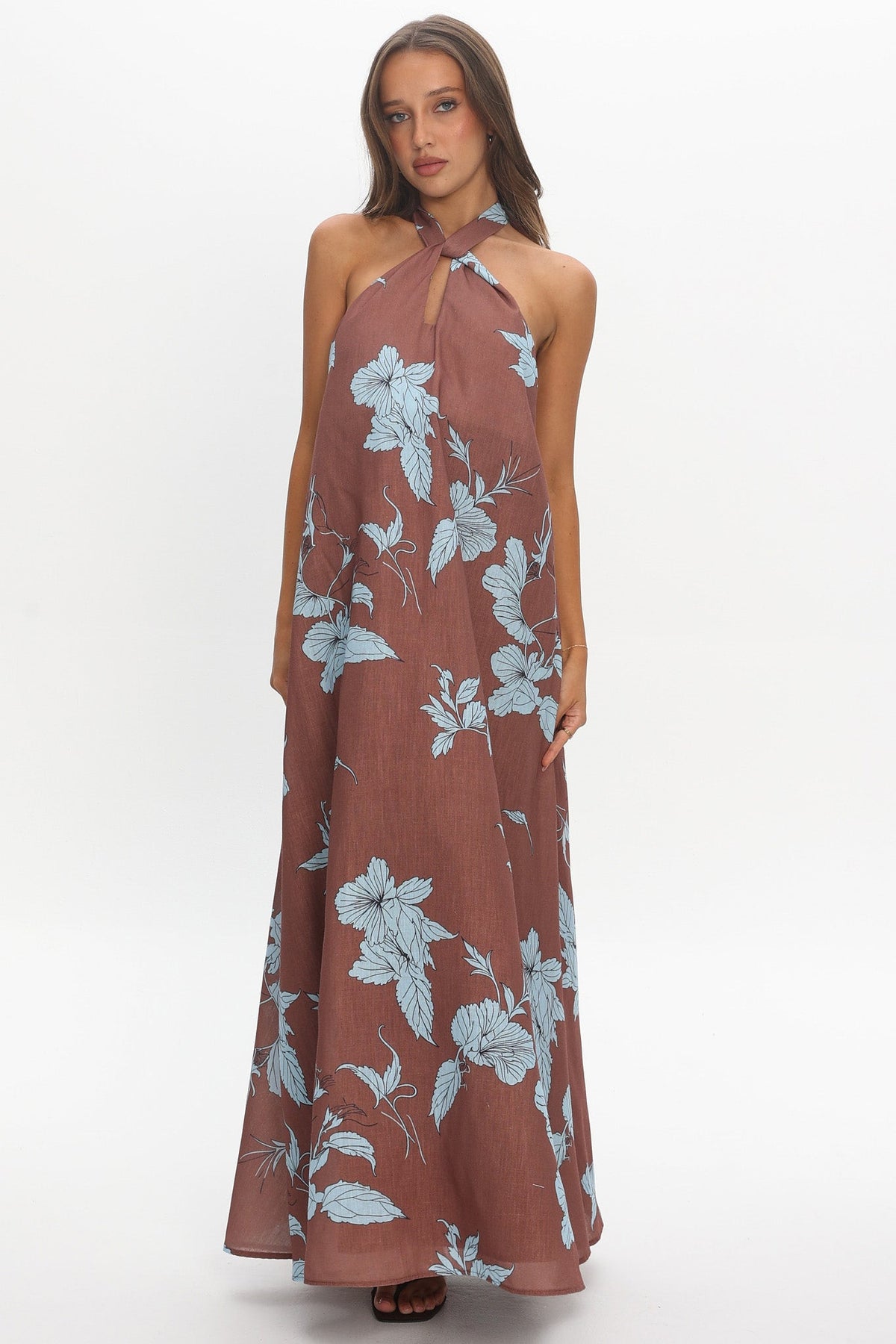 Cheer Backless Halter Maxi Dress Print Floral Chocolate