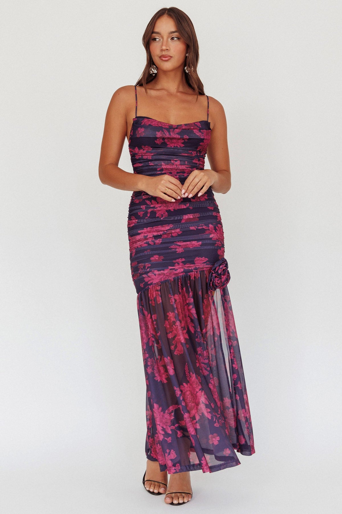 Stole The Show Ruched Mesh Maxi Dress Floral Grape
