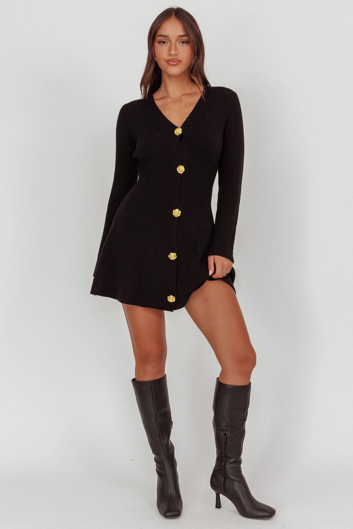 Irma Gold Button Knit Mini Dress Black