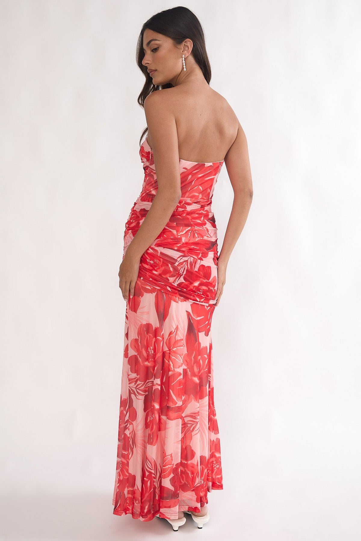Kallira Strapless Ruched Maxi Dress Floral Red