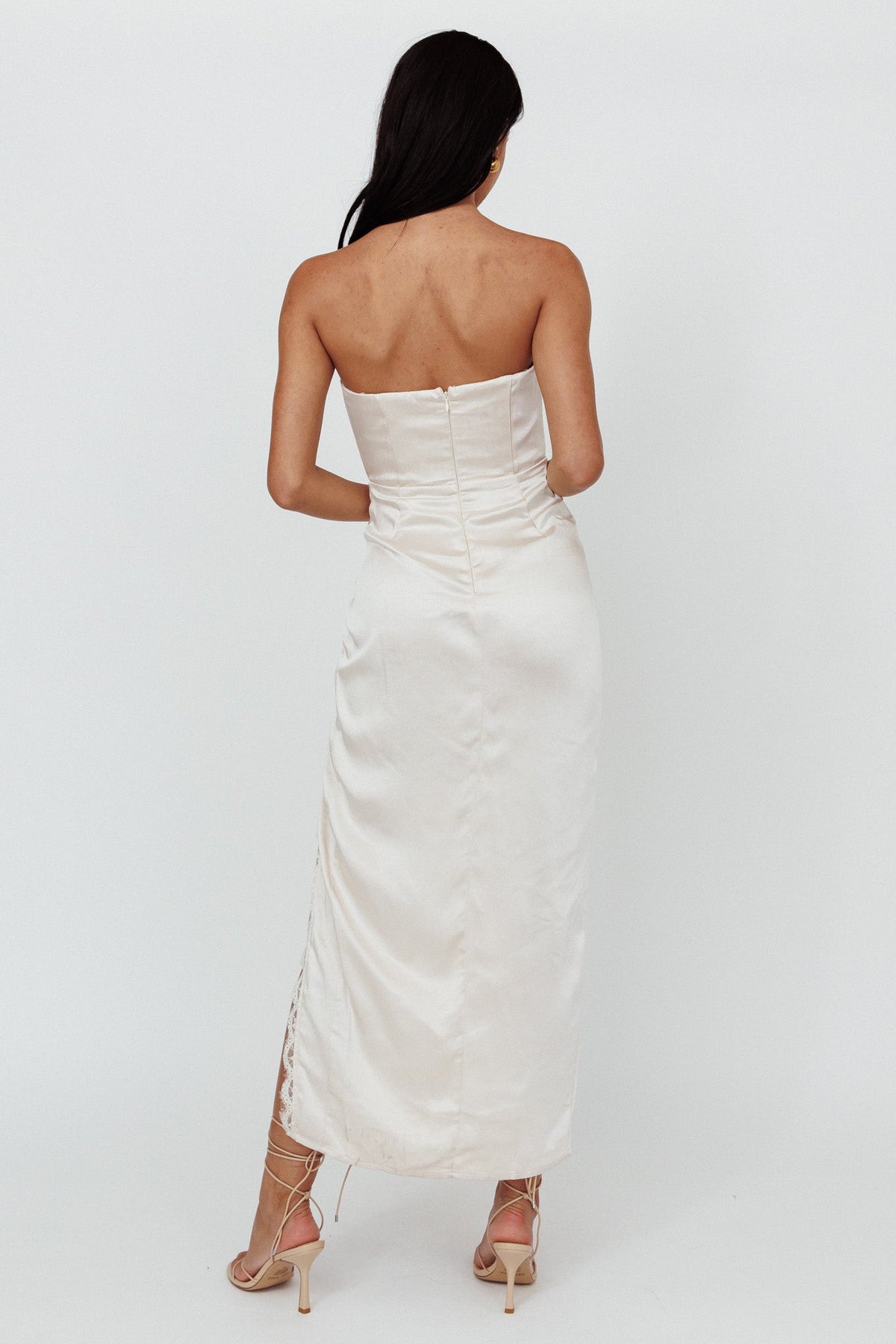 Winter Moon Strapless Lace Trim Midi Dress Champagne