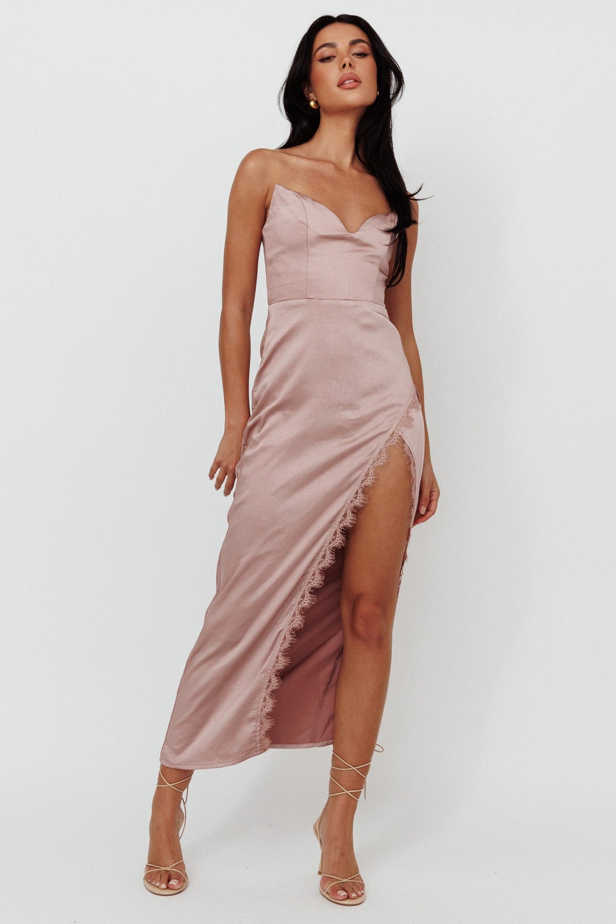 Winter Moon Strapless Lace Trim Midi Dress Dusty Pink