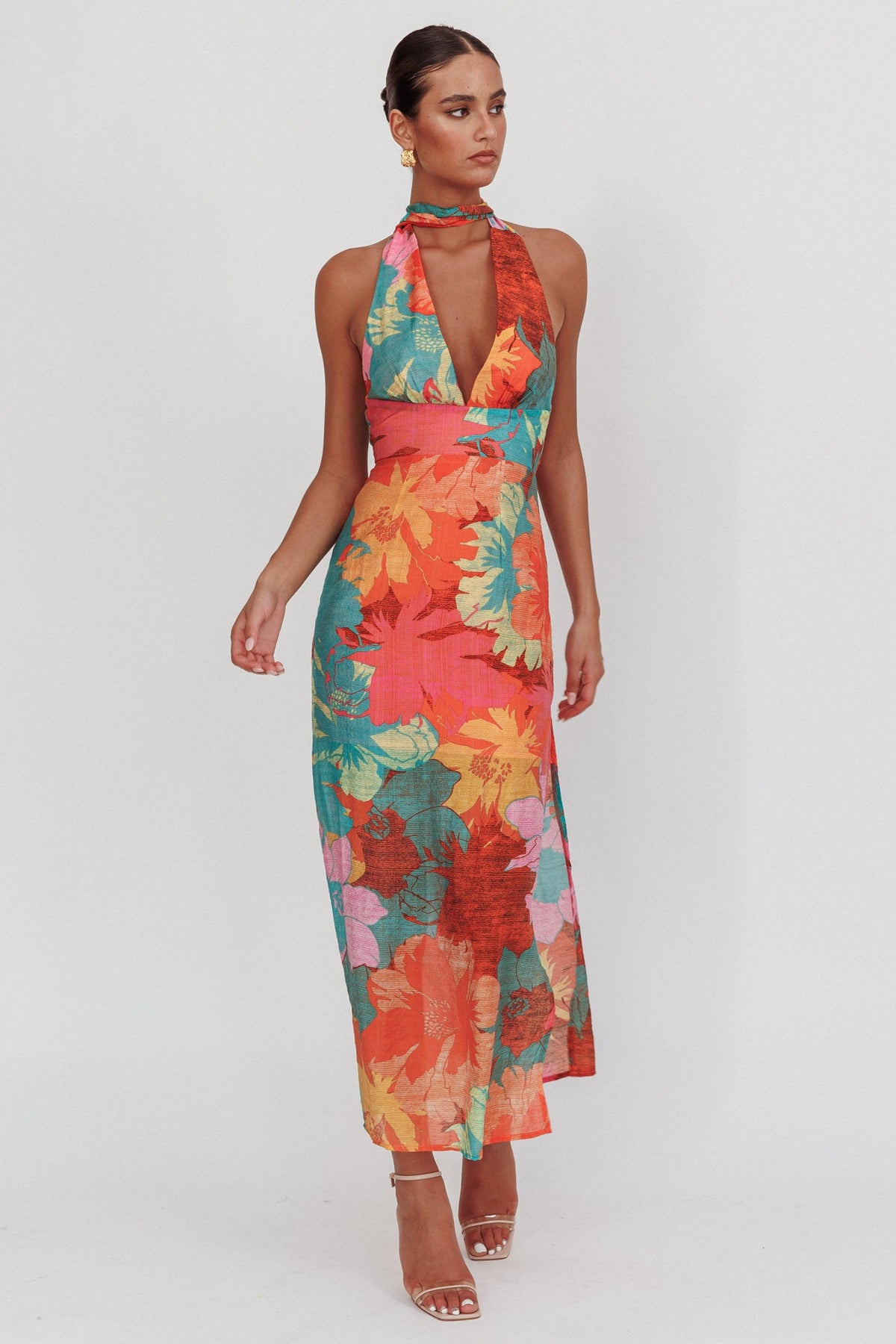 Cipriana Backless Halter Maxi Dress Floral Pink