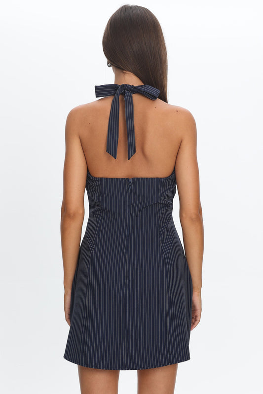 Elisabet Halter Neck Mini Dress Pinstripe Navy