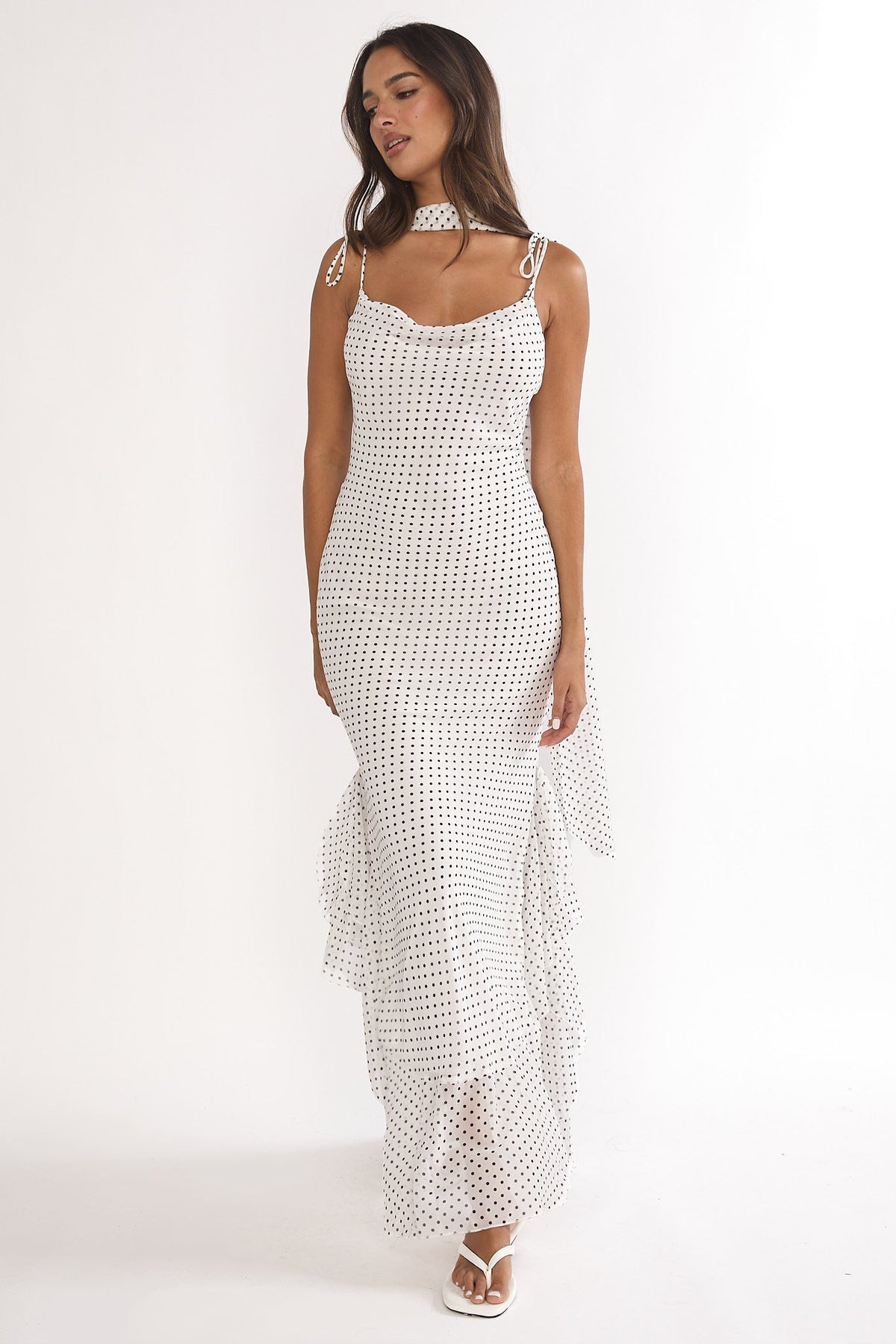 Emmara Tied Shoulder Maxi Dress Polka Dot White