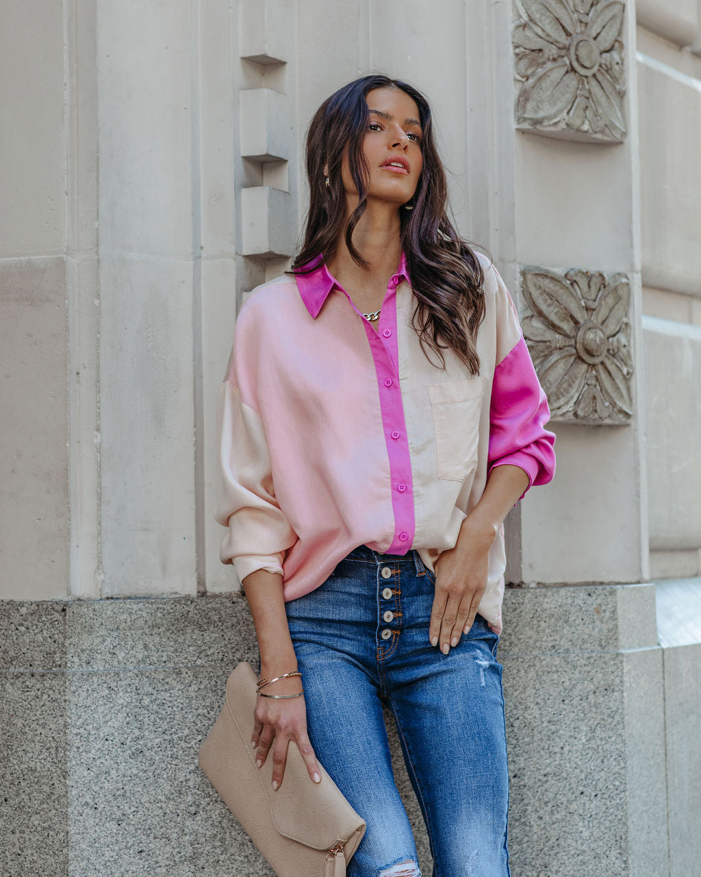 Belden Colorblock Button Down Top - Pink Multi
