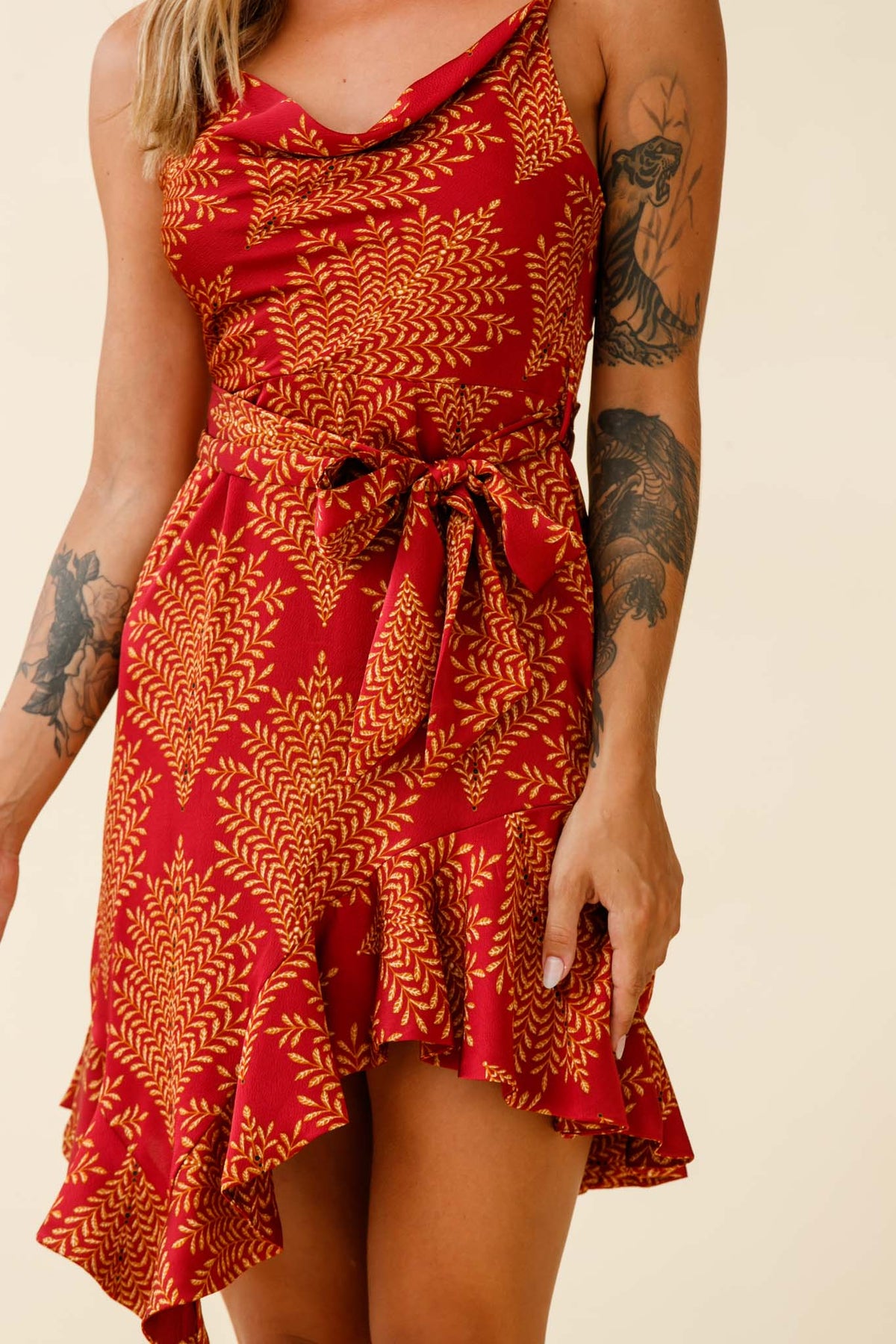 On The Prowl Cowl Neck Asymmetrical Hem Dress Leaf Print Wine