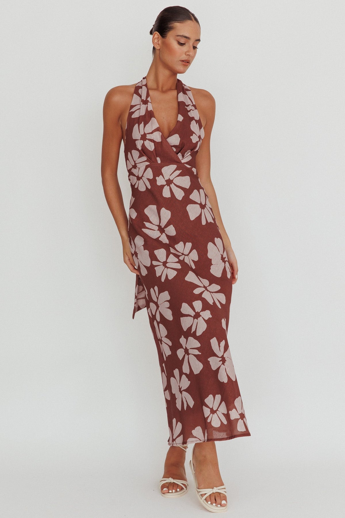 Italia Azure Halterneck Floral Maxi Dress Brown