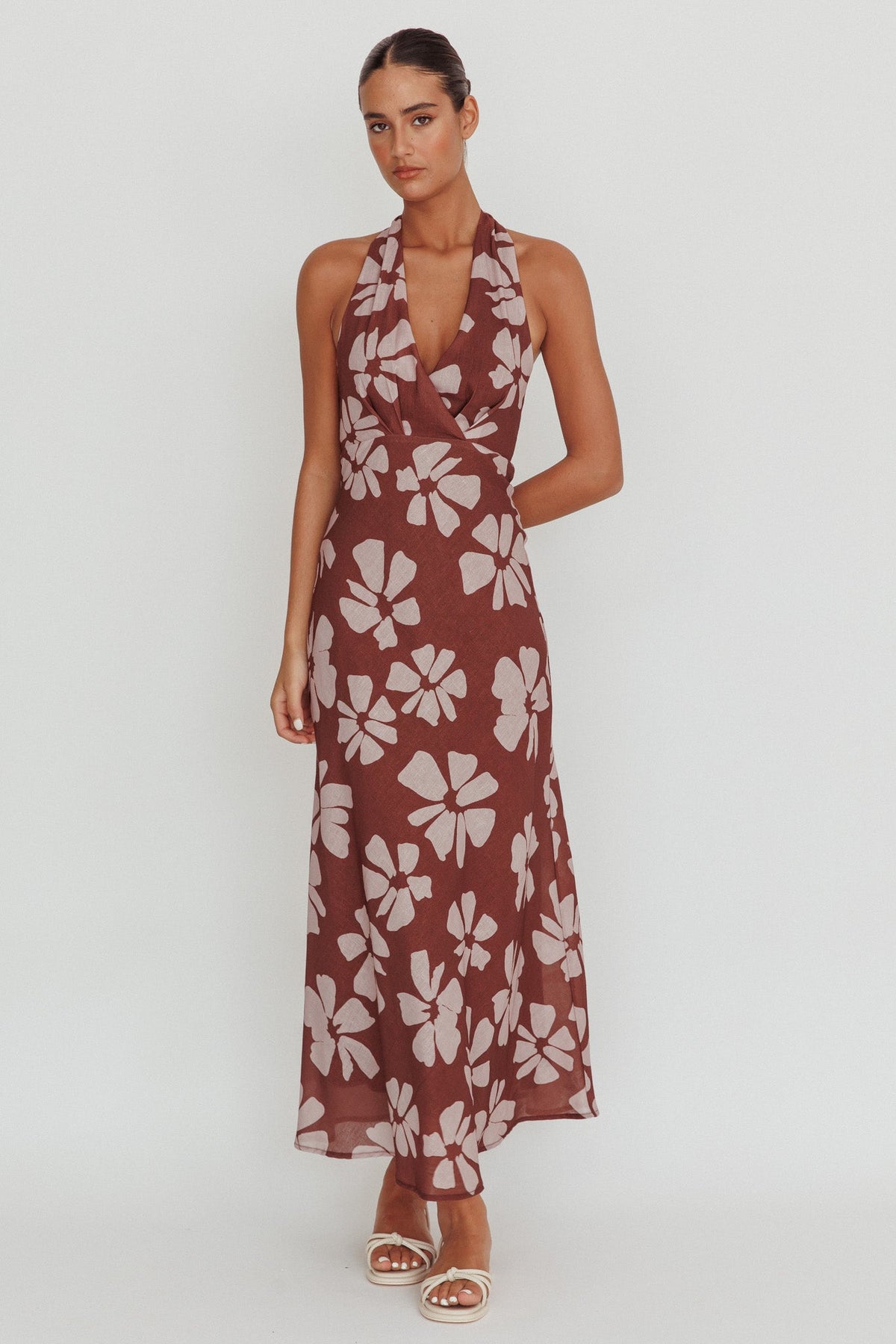 Italia Azure Halterneck Floral Maxi Dress Brown