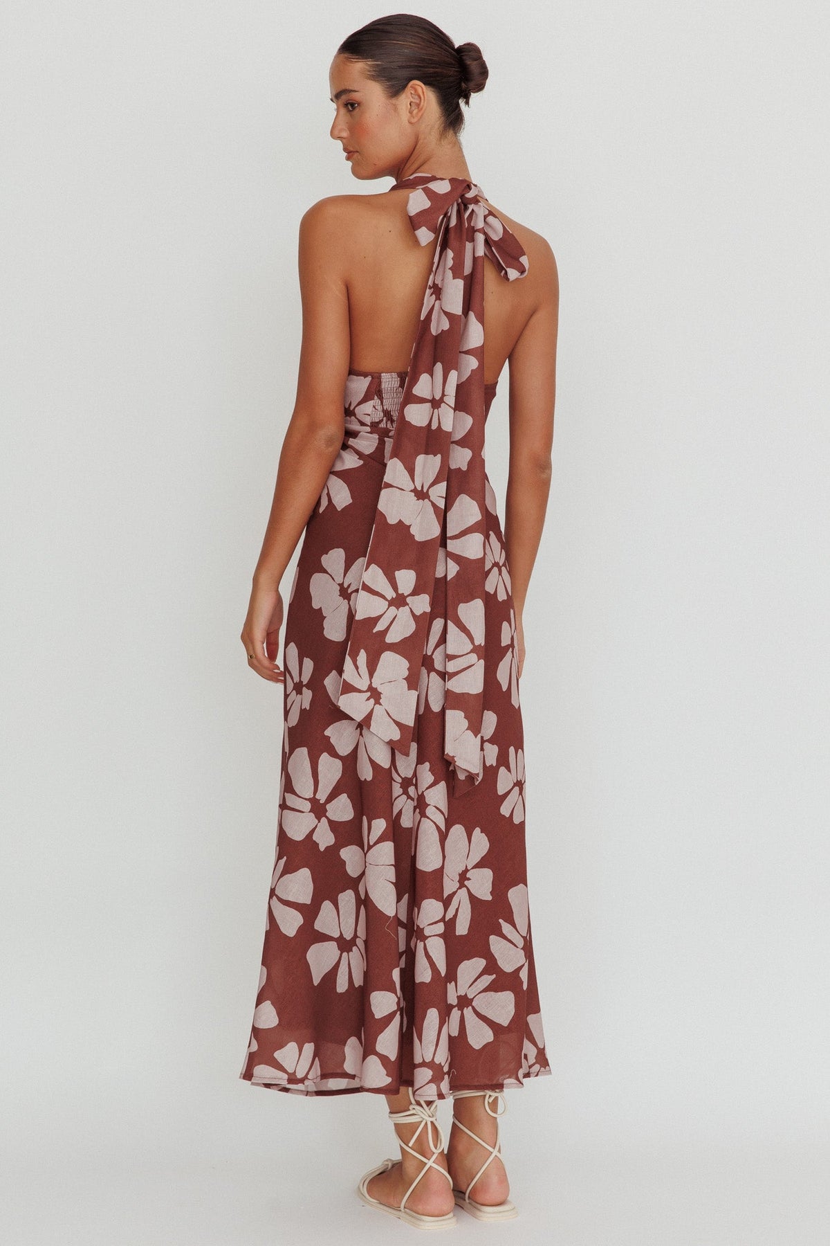 Italia Azure Halterneck Floral Maxi Dress Brown