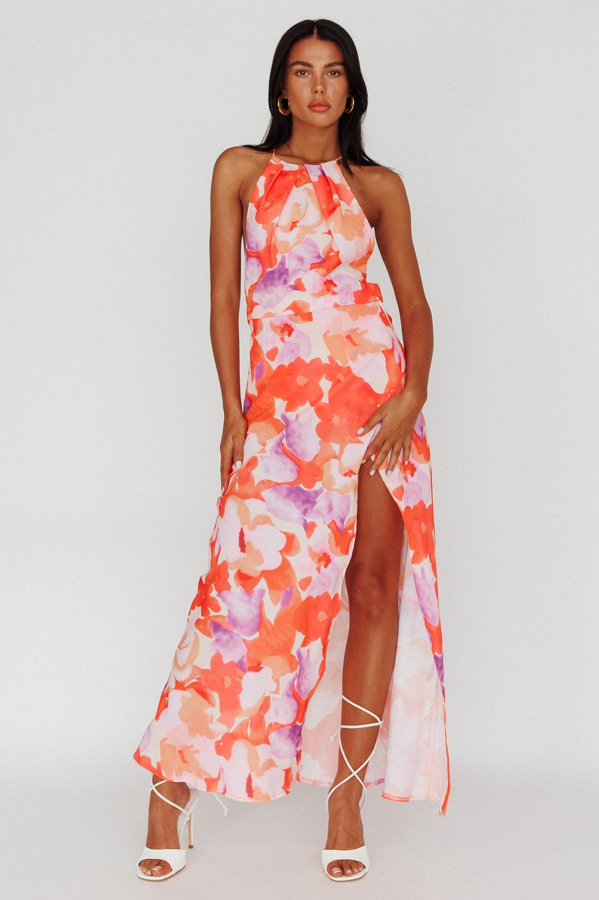 Val Cowl Back Maxi Dress Floral Orange