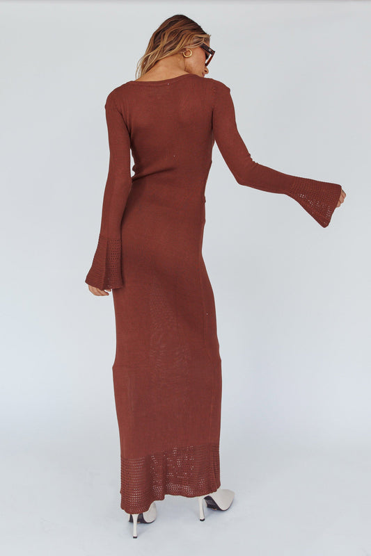 Long Sleeve Cut-Out Knit Maxi Dress Coffee