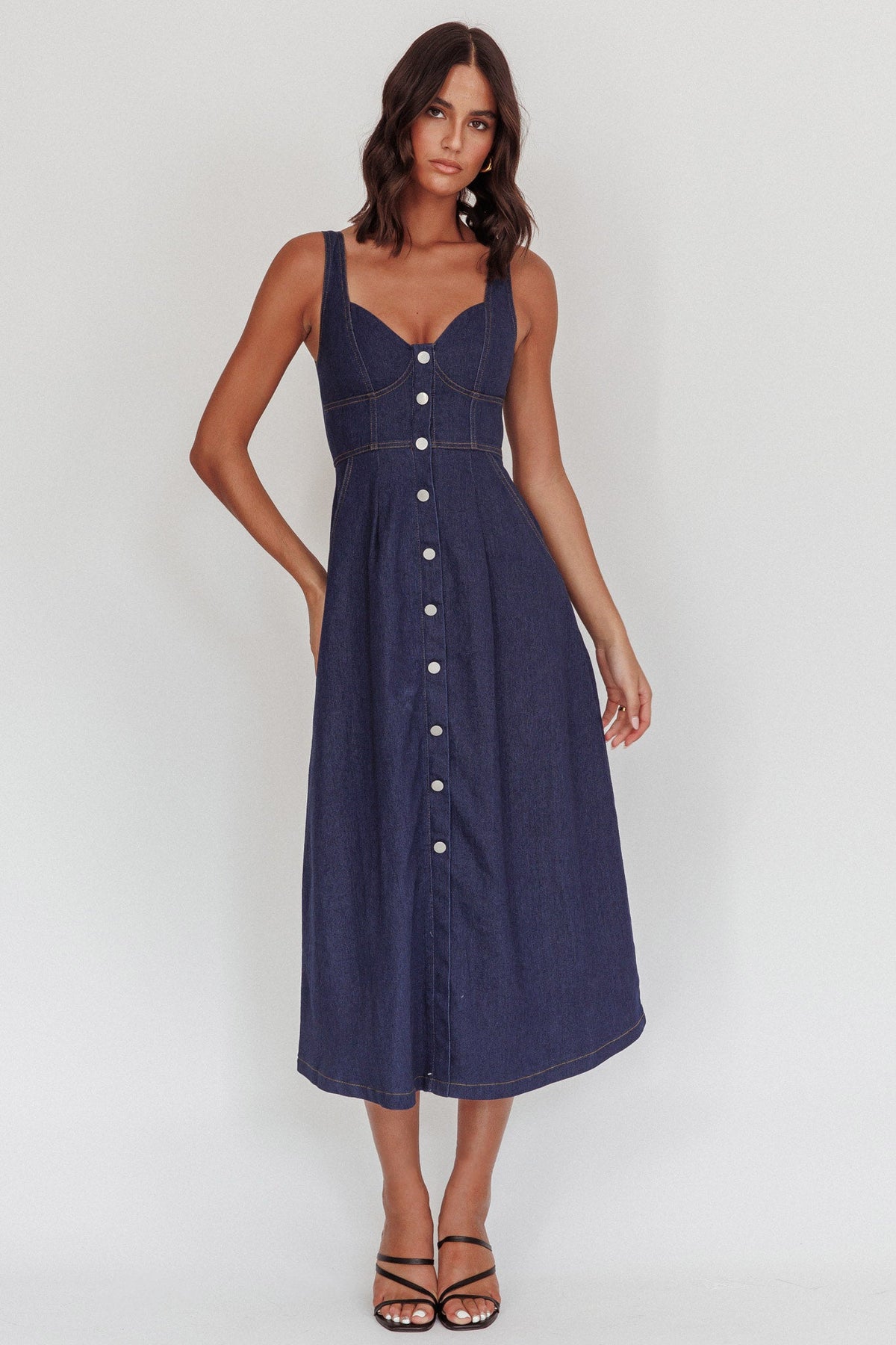 Pixie Dust Button Front Midi Dress Dark Denim
