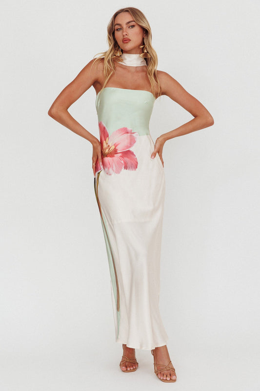 Damsel Reverse Halter Maxi Dress Flower Green
