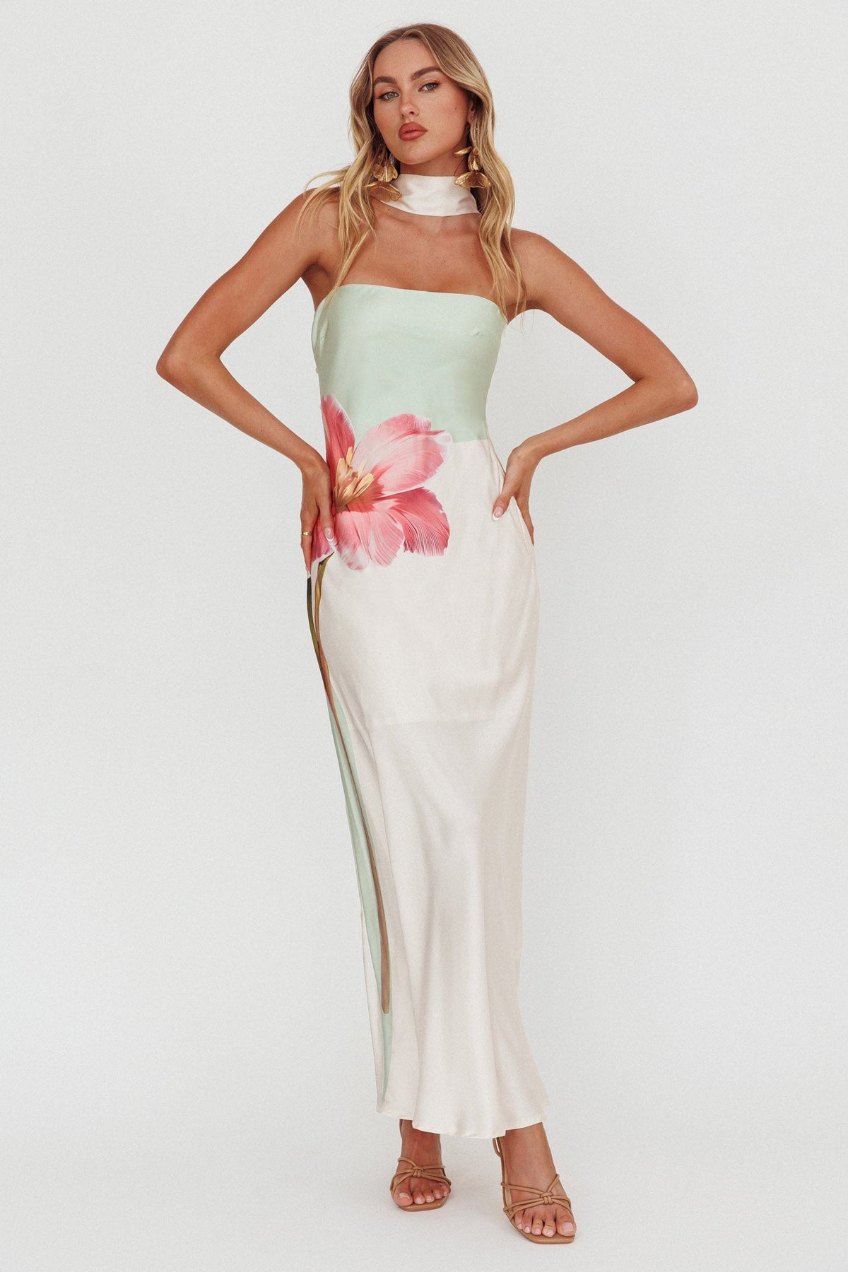 Damsel Reverse Halter Maxi Dress Flower Green