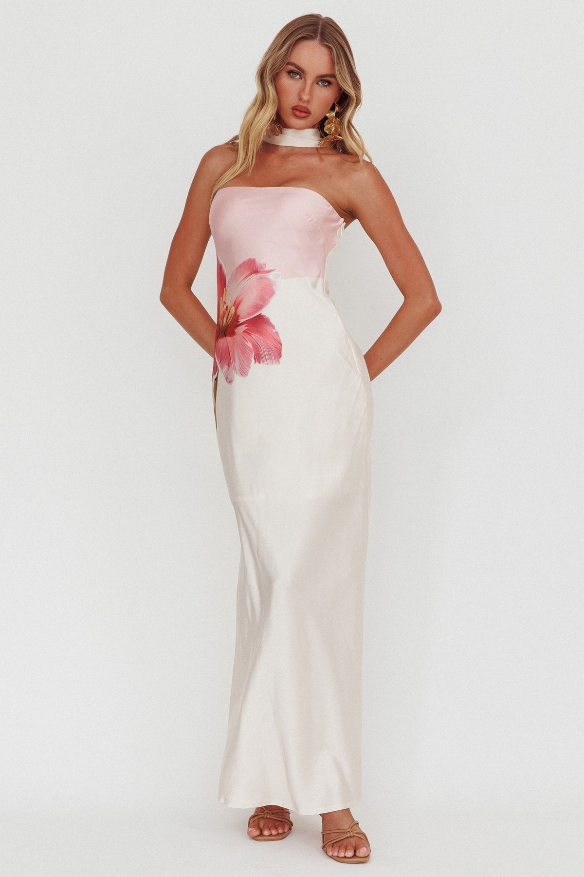 Damsel Reverse Halter Maxi Dress Flower Pink