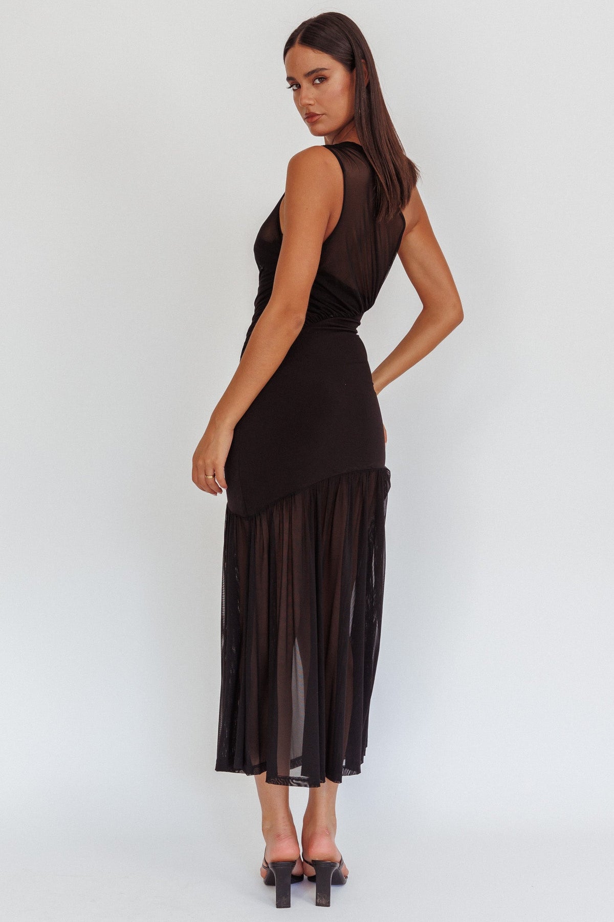 Passion One-Shoulder Mesh Maxi Dress Black