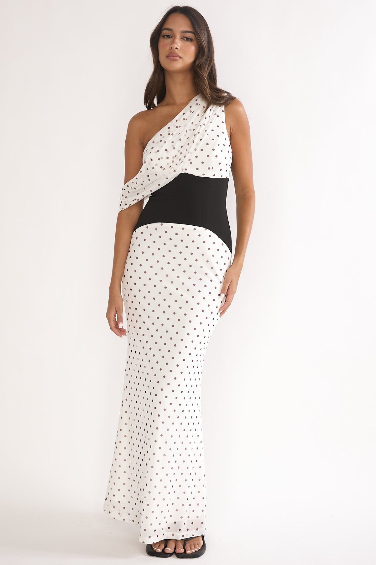 Milos Asymmetric Neckline Maxi Dress Polka Dot Brown