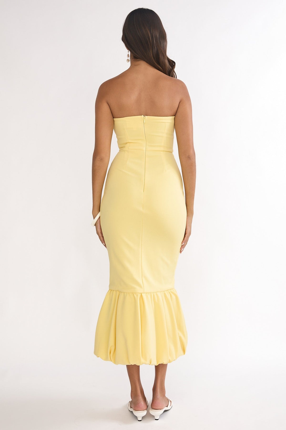 Elira Bubble Hem Strapless Midi Dress Lemon