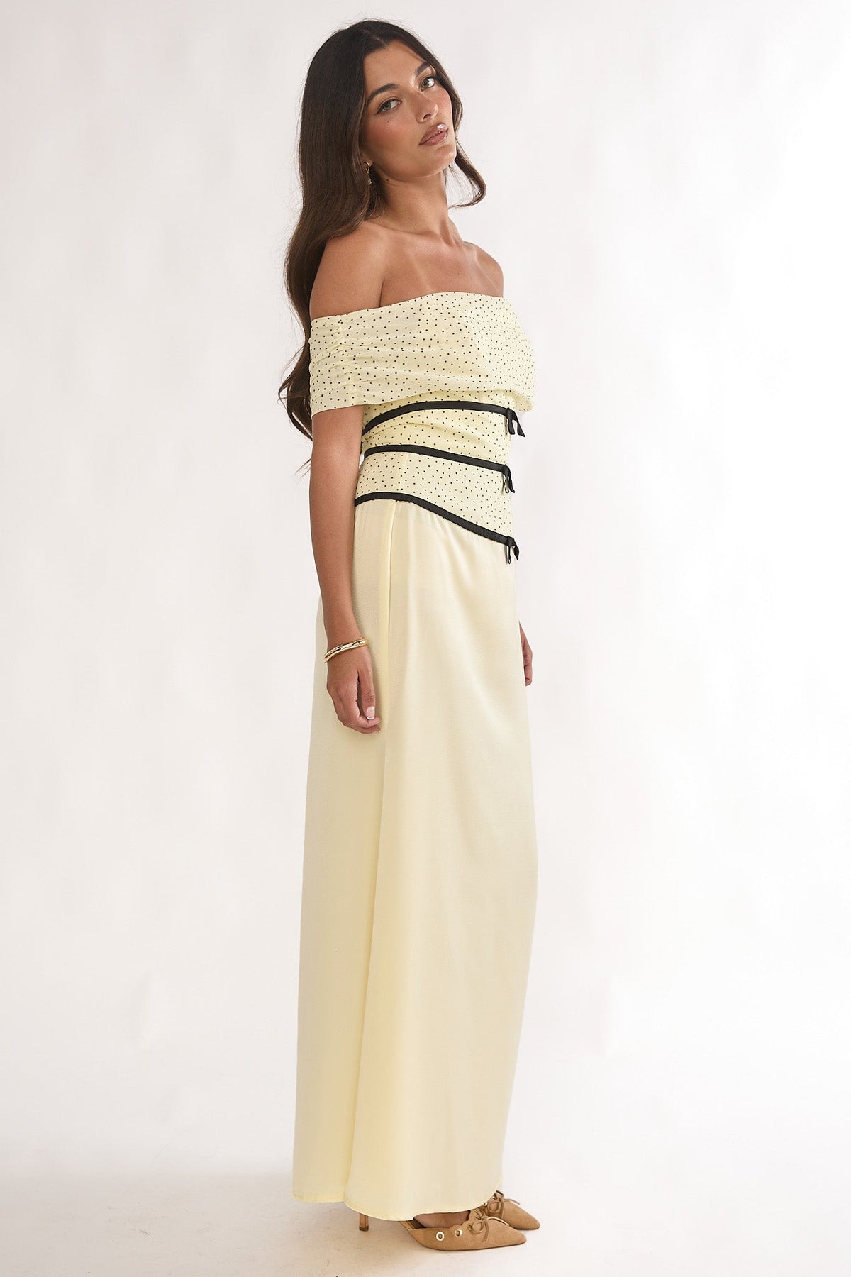 Begonias Off-Shoulder Bow Maxi Dress Spotted Lemon