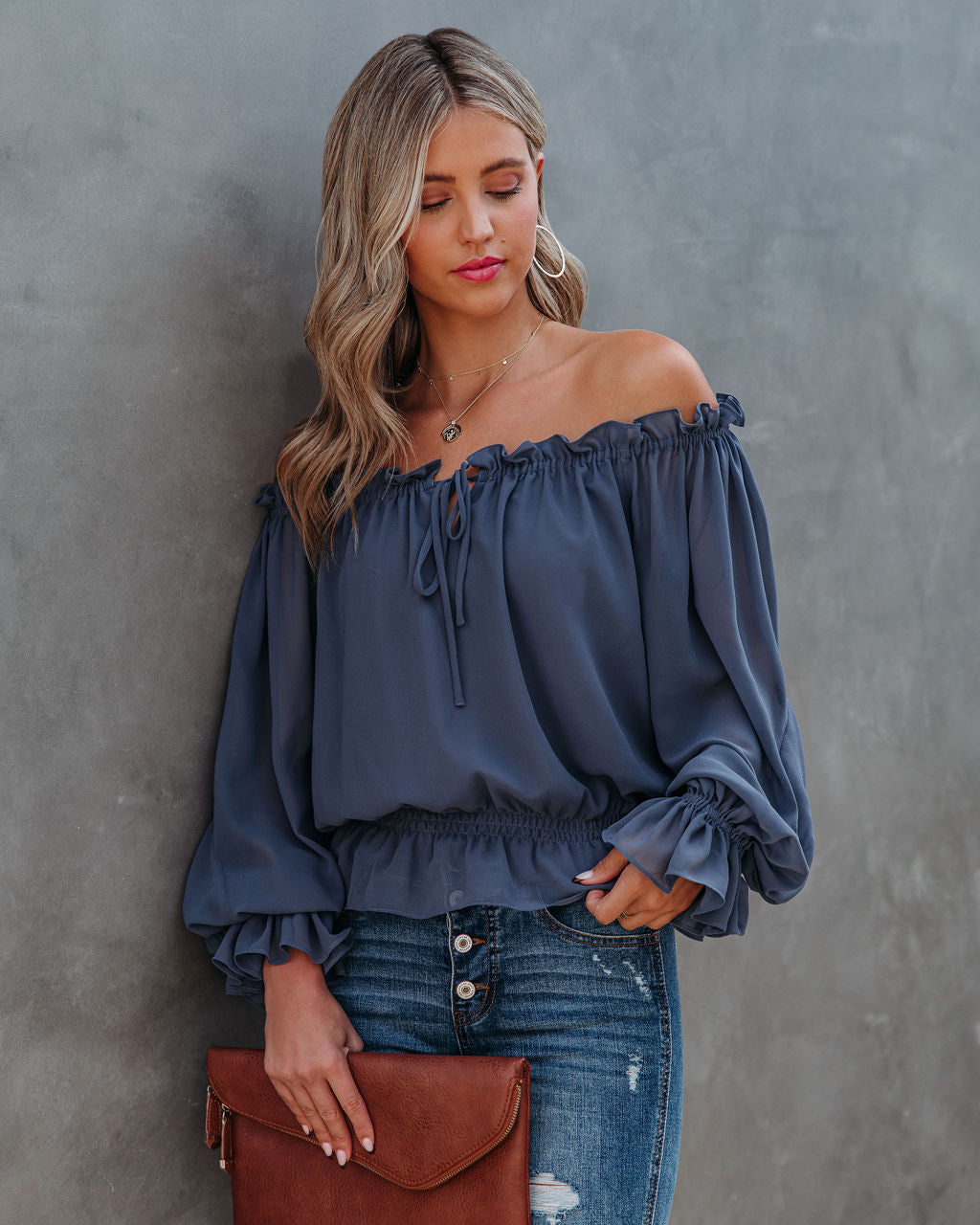 Caydence Chiffon Off The Shoulder Blouse - Dusty Blue