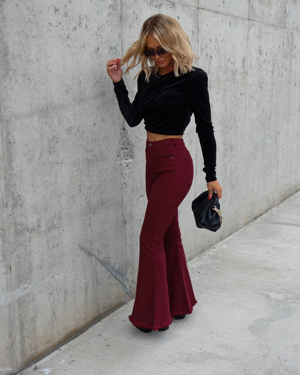 Barker High Rise Stretch Frayed Flare Jeans - Wine