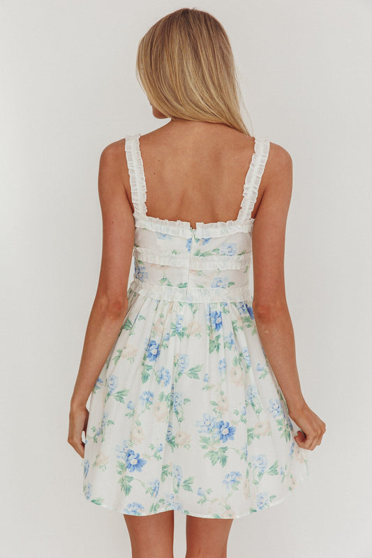 Jordanne Frill Trim Mini Dress Floral Blue