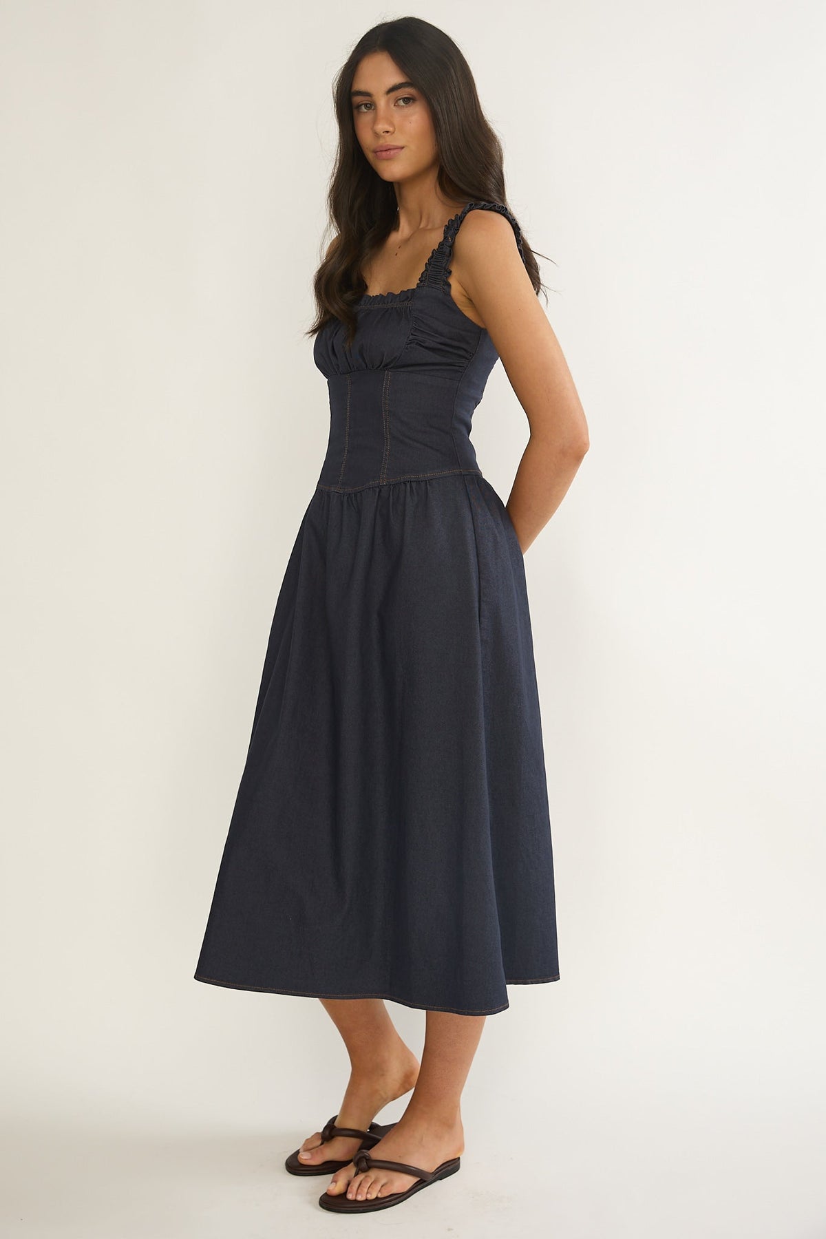 Idyllic Gathered Bust Midi Dress Indigo