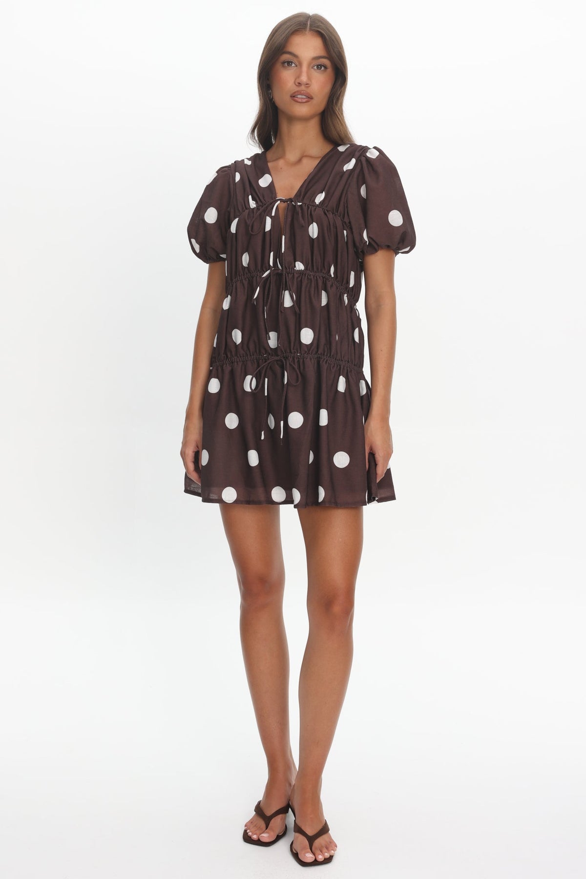 Antibes Tie Front Puff Sleeve Mini Dress Chocolate/White