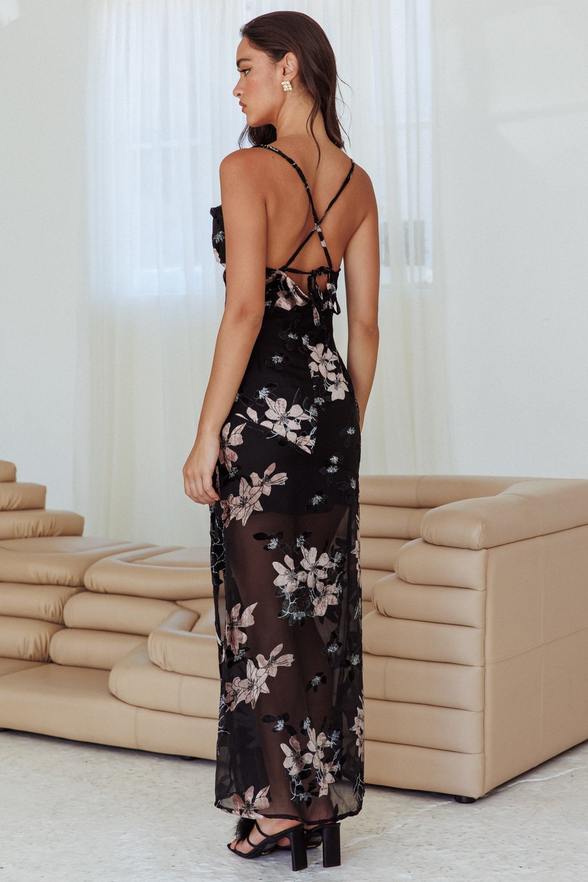 Personal Invitation Split Maxi Dress Flowers Black