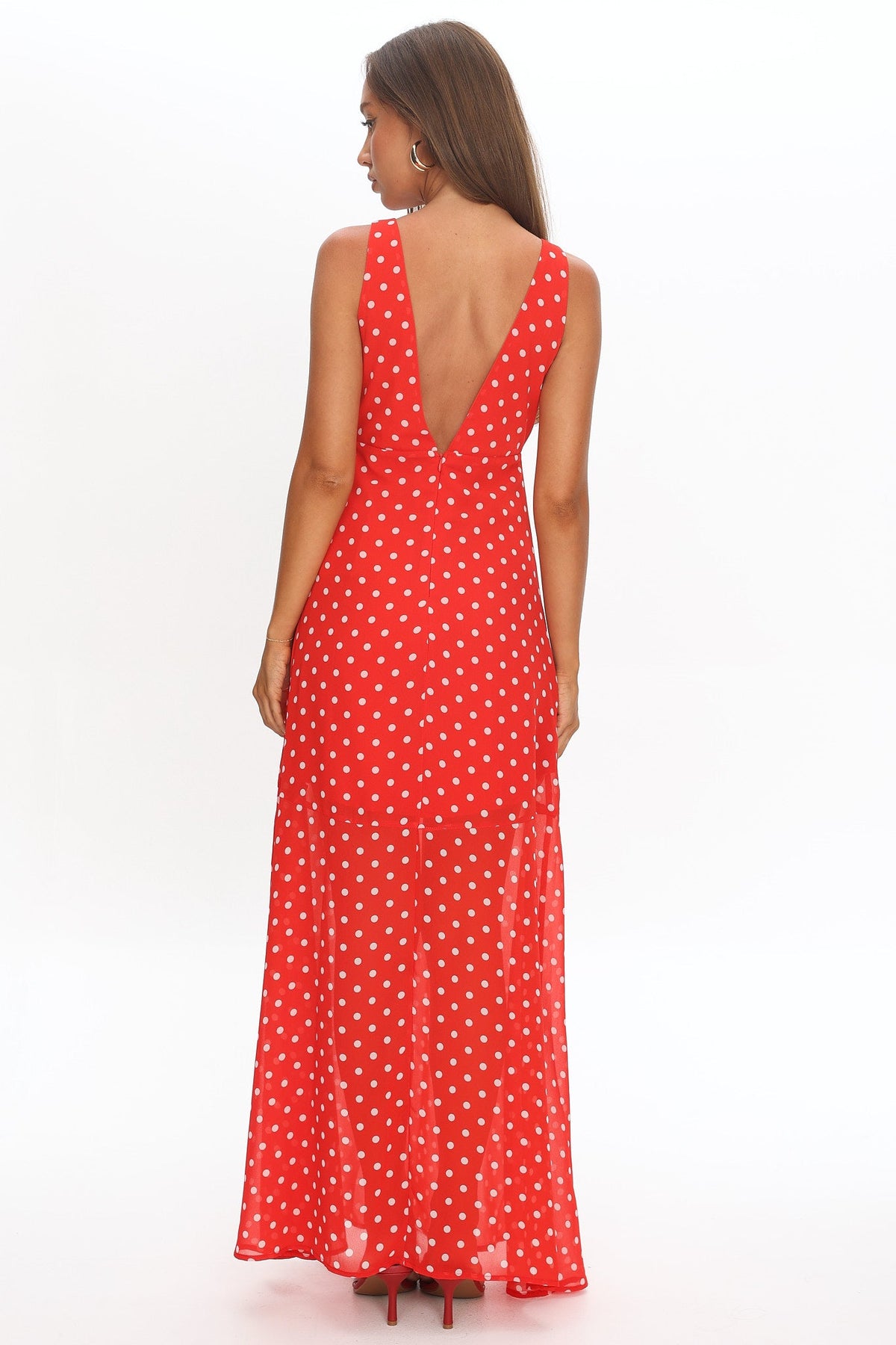 Rosewood V-Neckline Maxi Dress Polka Dot Red