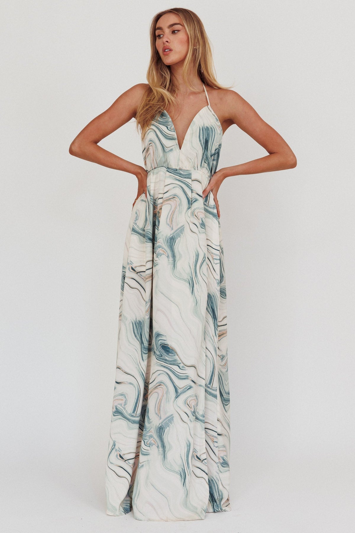 Snooze Marble Print Backless Maxi Dress Teal