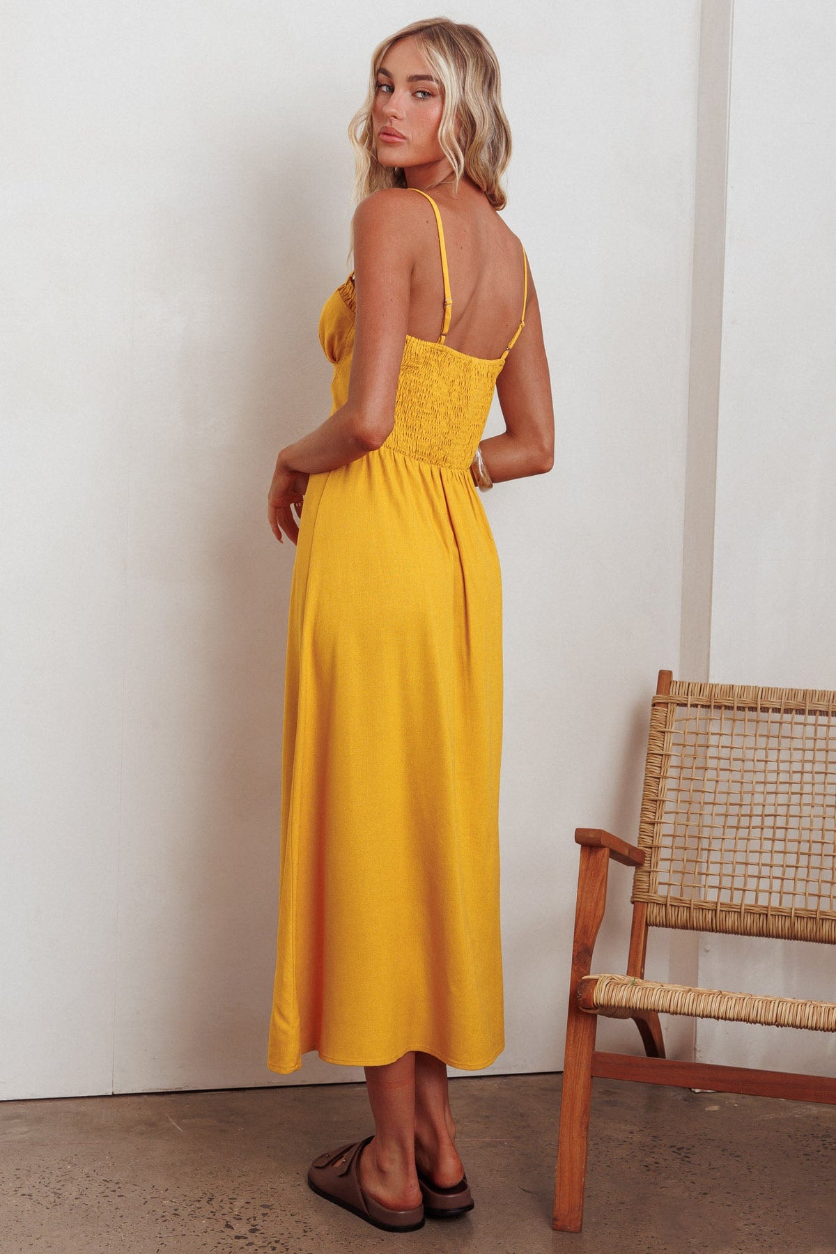 Back Together Button Front Midi Dress Marigold